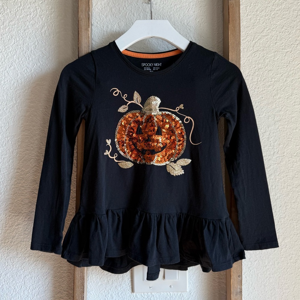 Spooky Night Sequined Pumpkin Black Peplum Top girls sz: 5/6Y